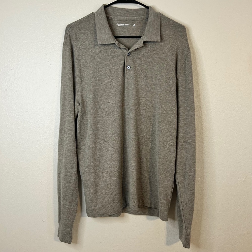 Abercrombie & Fitch Mens‎ Merino Wool Blend Long Sleeve Polo Sweater Taupe M